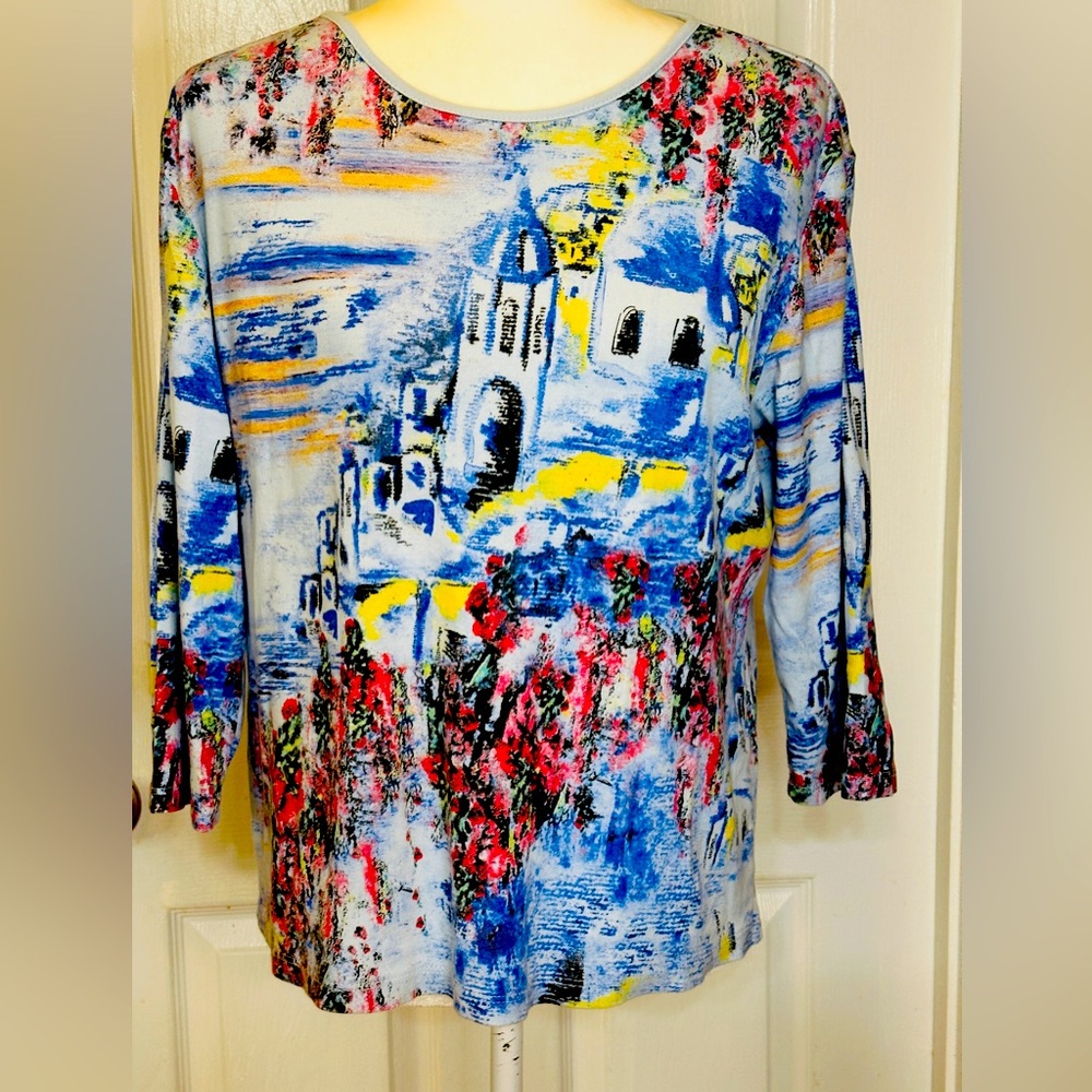 Jess & Jane Colorful Greece Scenic Print Cotton Women's Top Size Large
